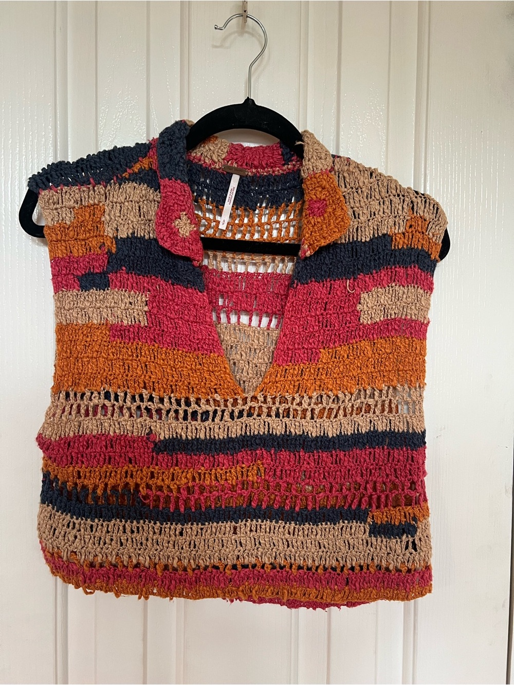 Free People Open-Weave V-Neck Sweater Vest in Rust, Pink & Navy